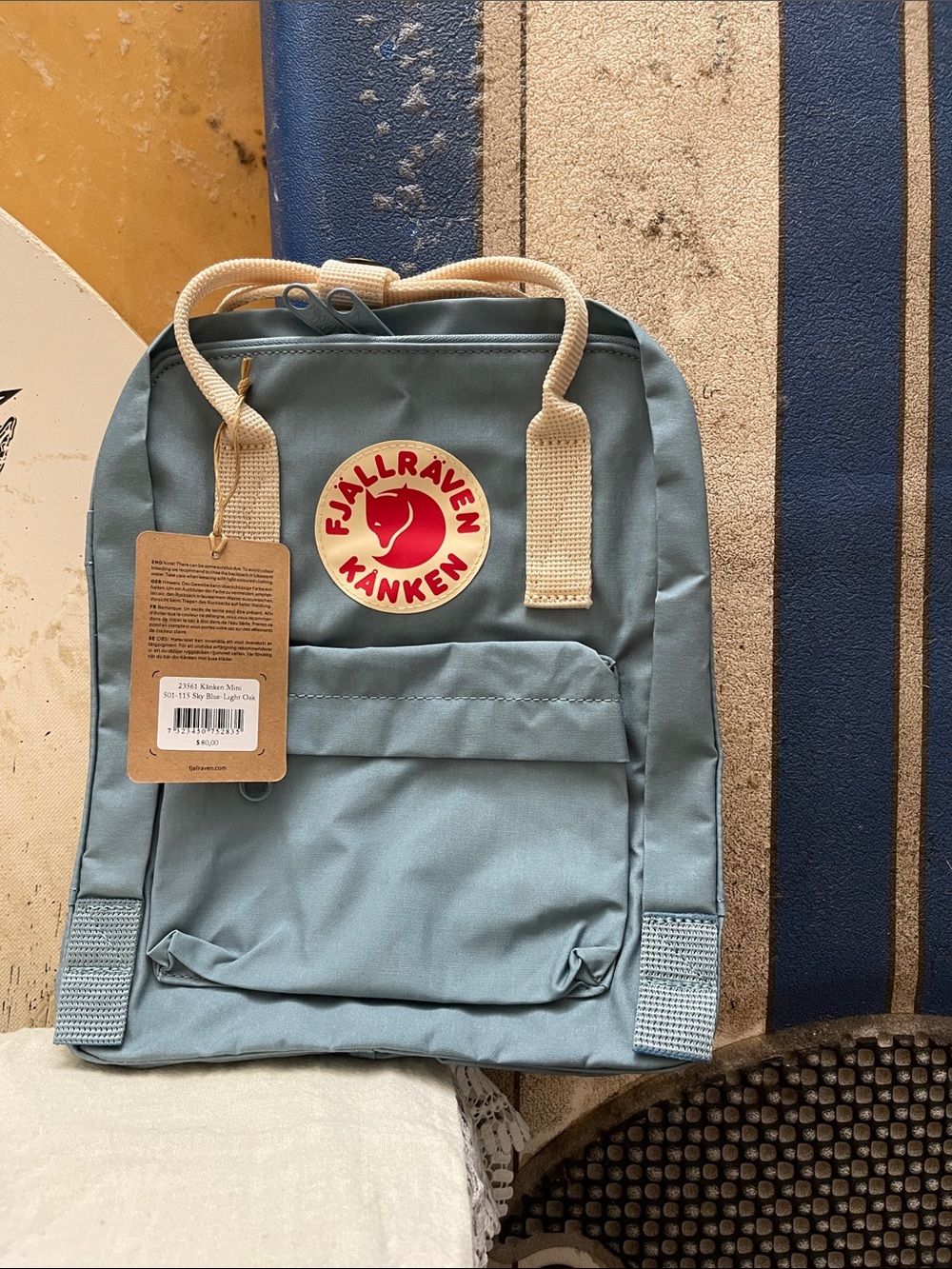 Fjallraven Kånken Mini Backpack in Sky Blue with Cream Handles